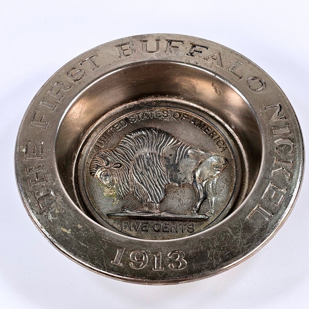 Avon Vintage The First Buffalo Nickel 1913 Silver Tone Metal Trinket Dish 4.5"